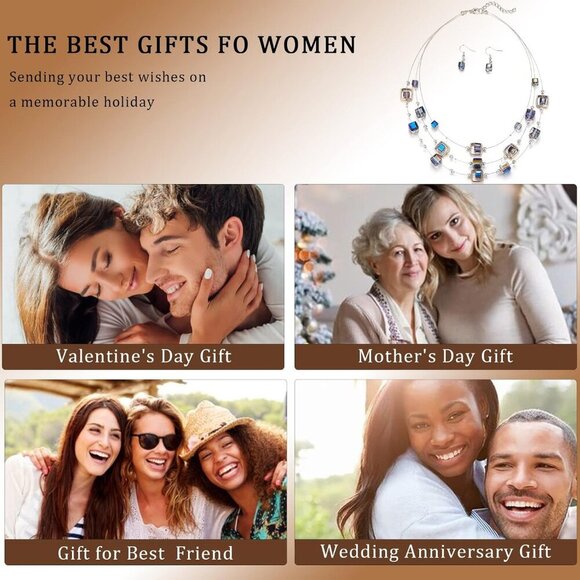 Layered Silver Beaded Necklace for Women Square Crystal Beads Statement Collar N - Picture 6 of 6